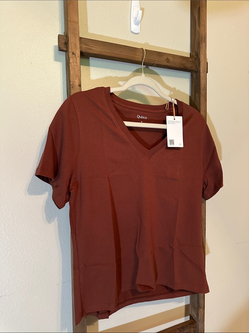 Quince Black V-Neck Short Sleeve v neck boxy tee in redwood brown